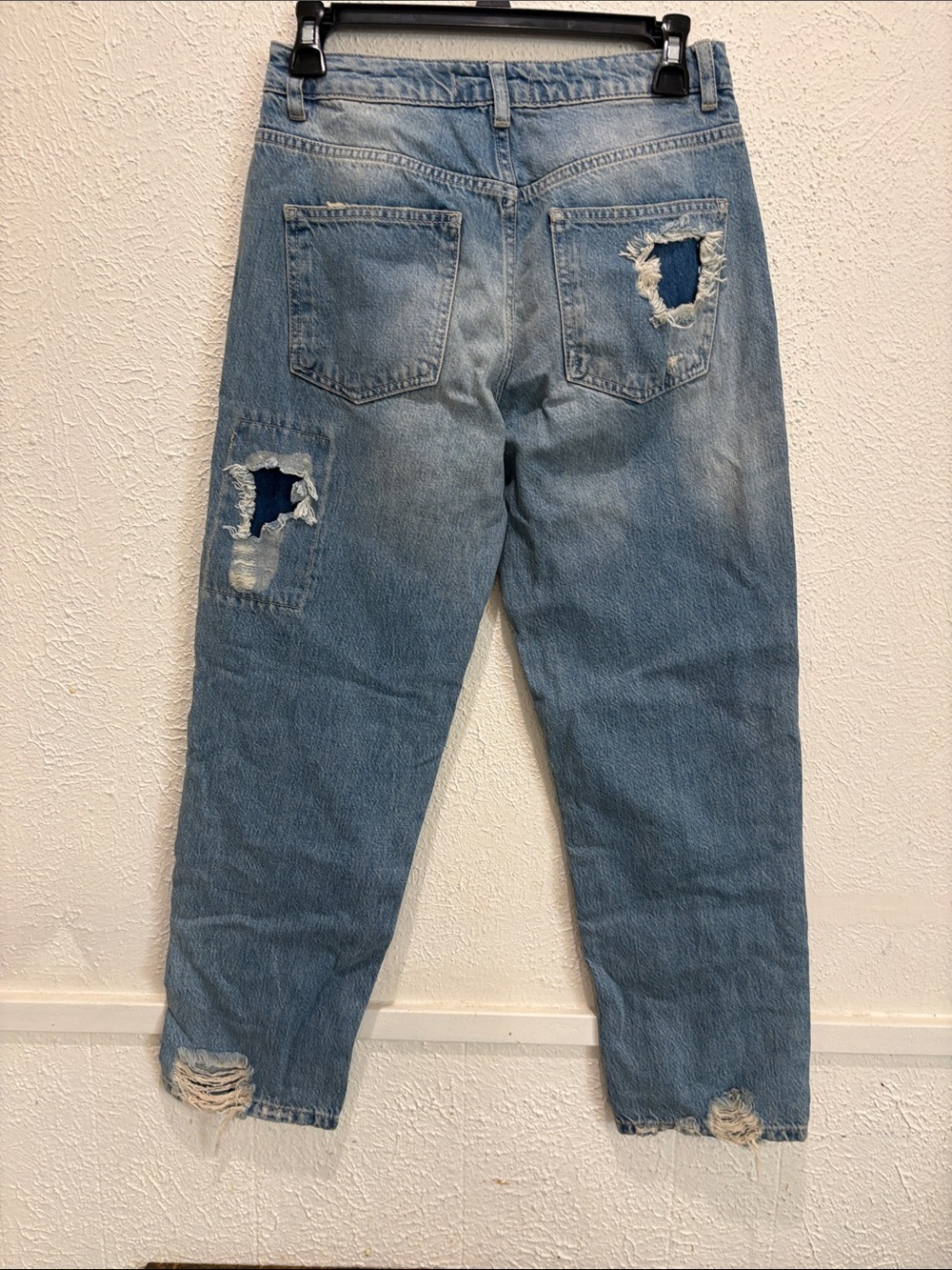 We The Free Light Blue Distressed Straight Leg Jeans with Navy Floral Patches - Picture 3 of 3